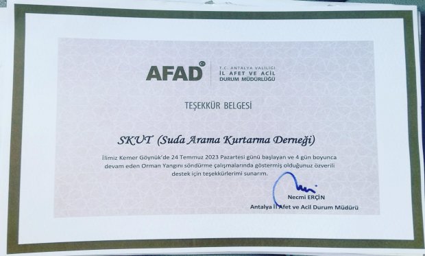 Kemer yangınına AFAD Teşekkür belgesi